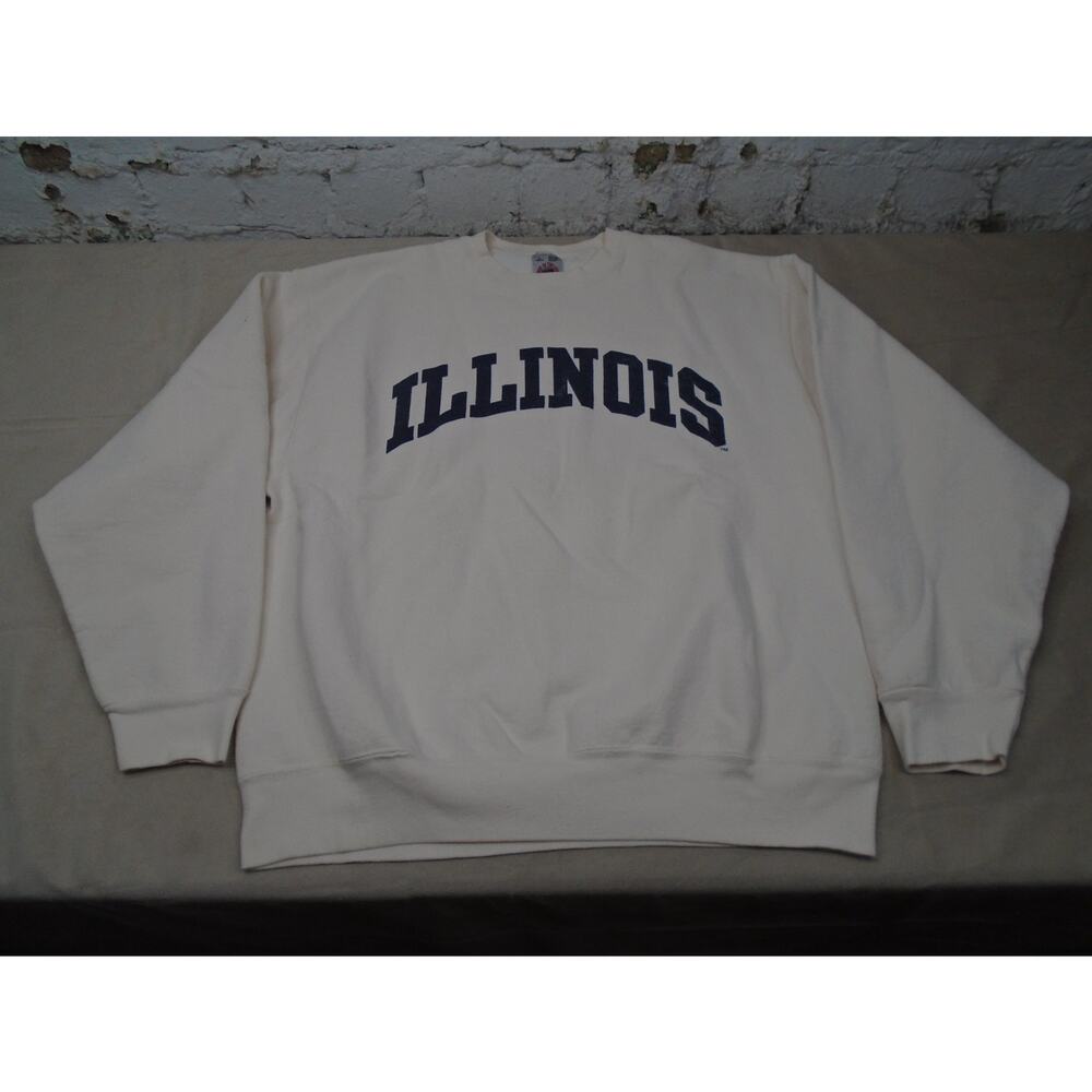 Vintage Illinois Cream Sweatshirt Crewneck Spell Out Fighting Illini Sz L NCAA